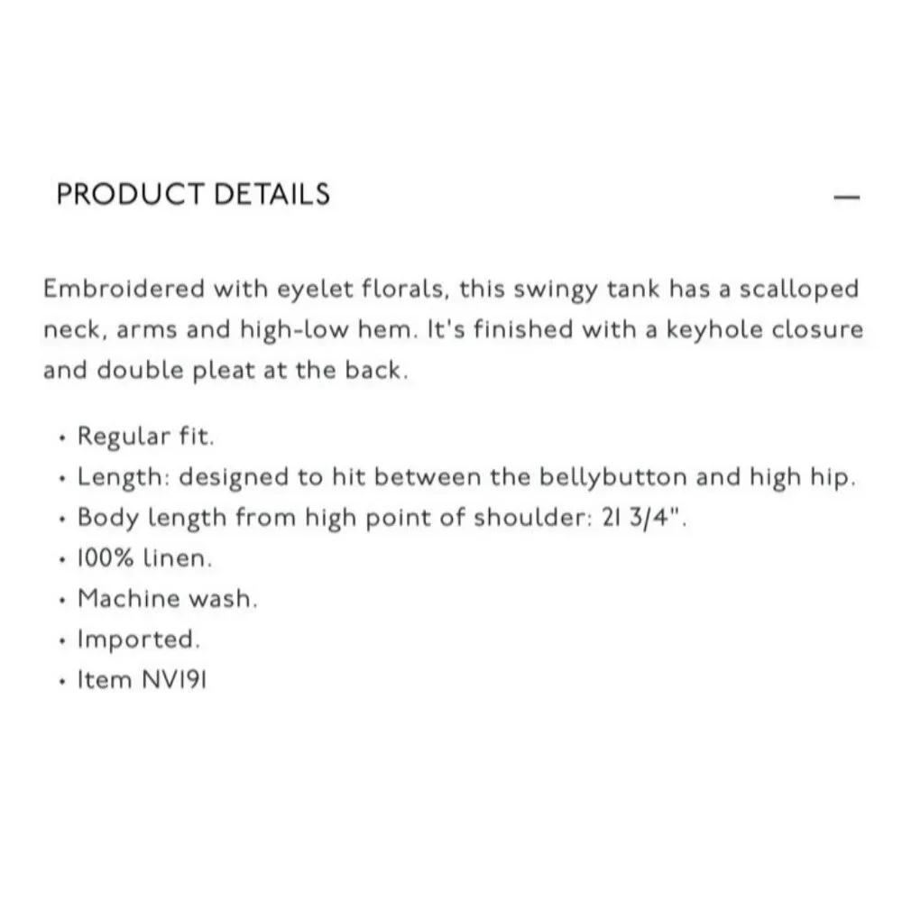 Madewell $118 Women's Embroidered Eyelet High-Low Tank White Salt Linen XS NV191 - Picture 7 of 15